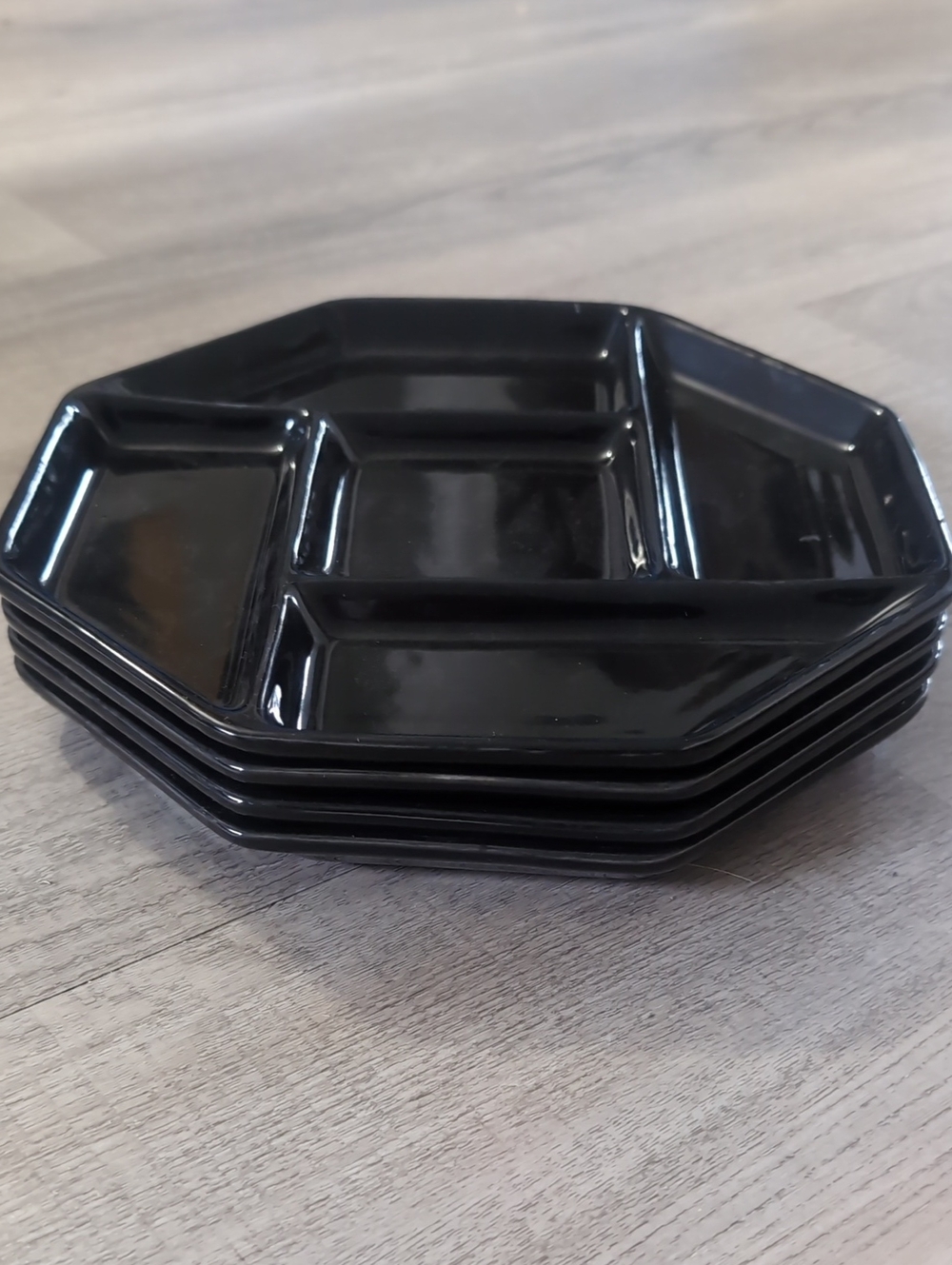 Vintage Black Octagonal Ceramic Divided Plates Japan - Set of 4